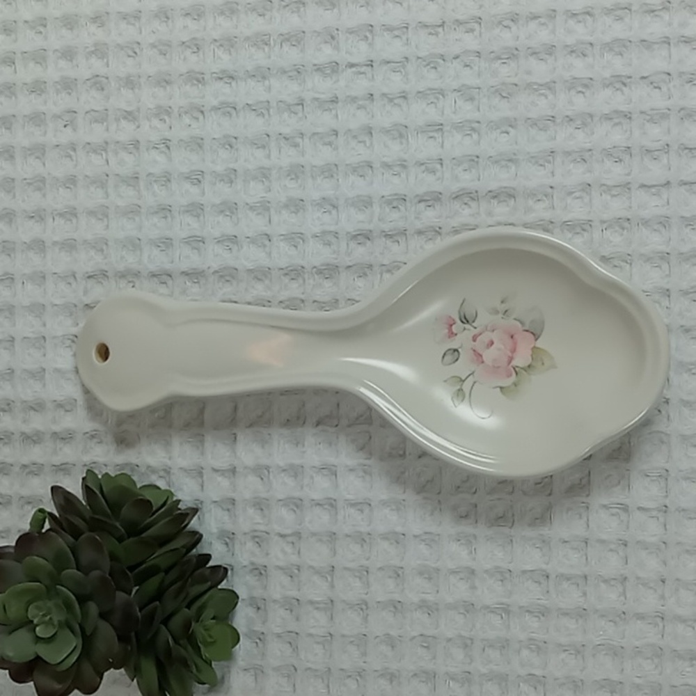 Pfaltzgraff White Stoneware Spoon Rest Tea Rose Pattern Pink Floral